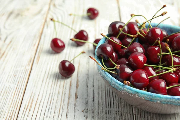 Bowl Sweet Red Cherries Wooden Table Royalty Free Stock Images