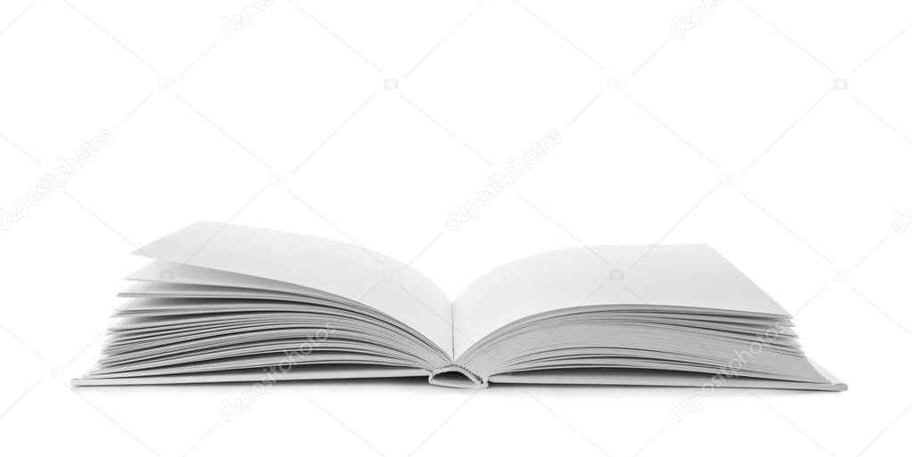 Open book with hard cover on white background