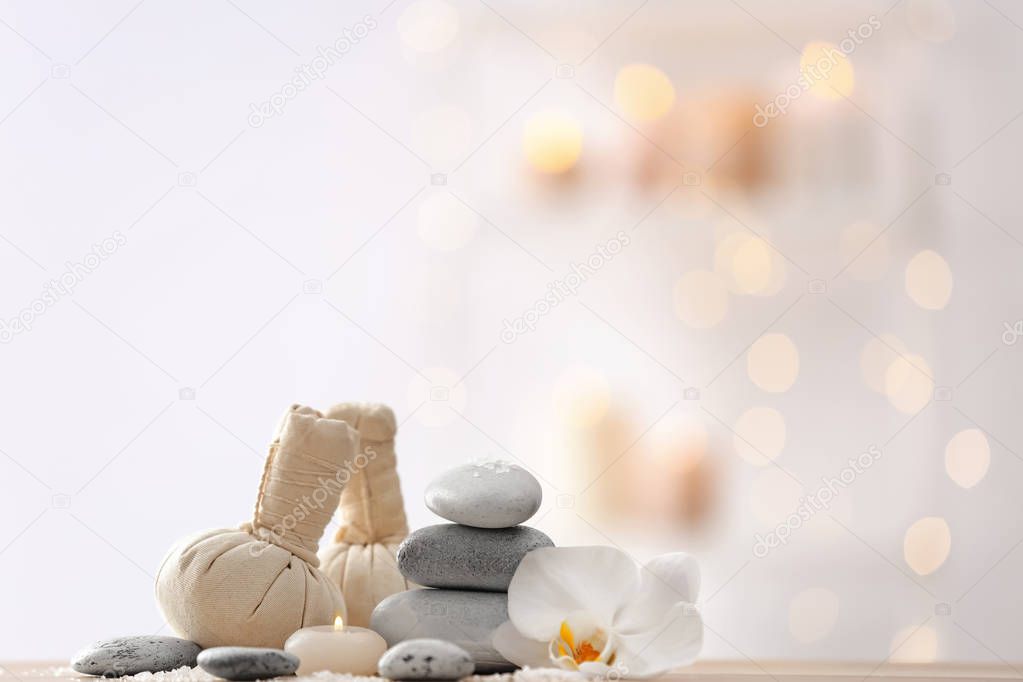 Beautiful spa composition on table in wellness center