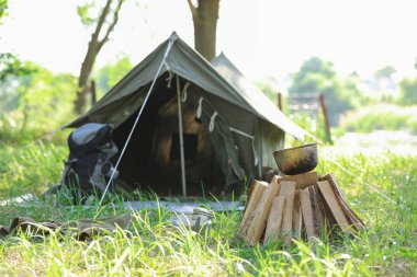 Yakınında çadır açık havada şenlik ateşi için düzenlenmiş ahşap kuru. Yaz Kampı