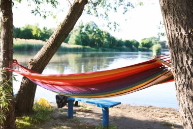 Güneşli bir gün açık havada boş hamak. Yaz Kampı