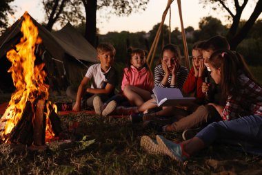 Küçük çocuklar açık havada el feneri ile kitap okuma. Yaz Kampı