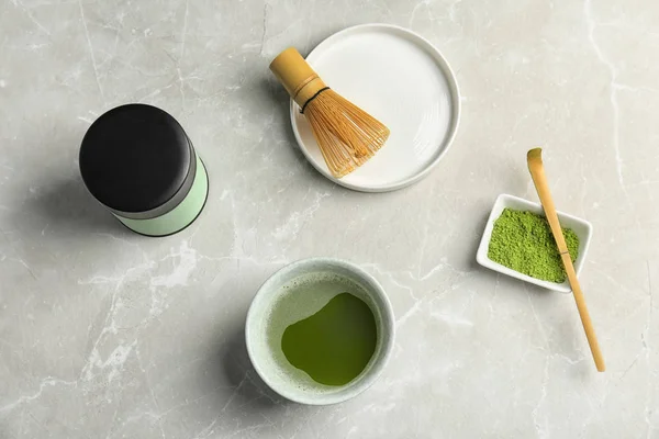 Composition Plat Avec Thé Matcha Sur Table — Photo