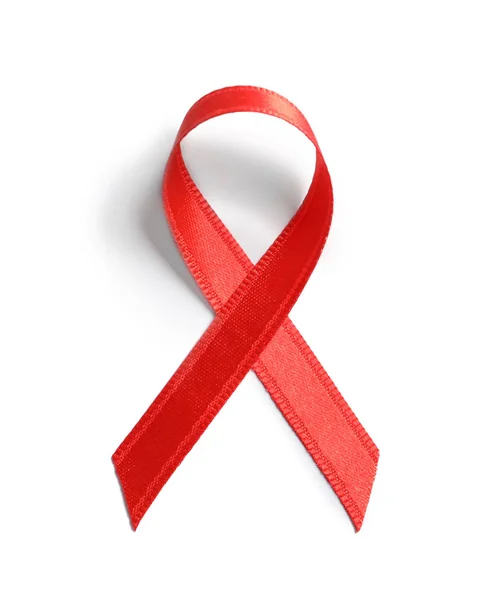 Κόκκινη Κορδέλα Άσπρο Φόντο Top View Συνειδητοποίησης Καρκίνου Του — Φωτογραφία Αρχείου