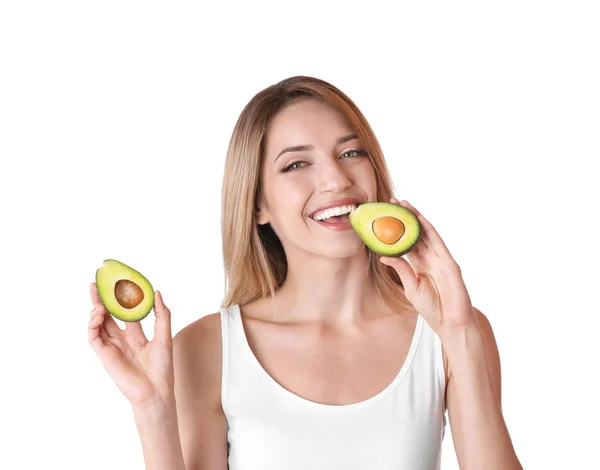 Portrait Young Beautiful Woman Ripe Delicious Avocado White Background — Stock Photo, Image