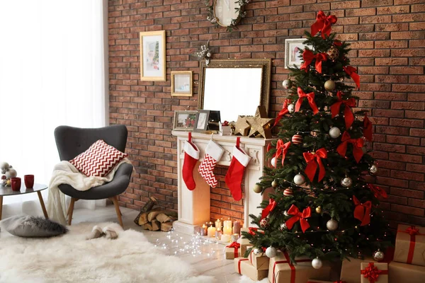 Room Interior Beautiful Christmas Tree Decorative Fireplace — Stock Photo, Image