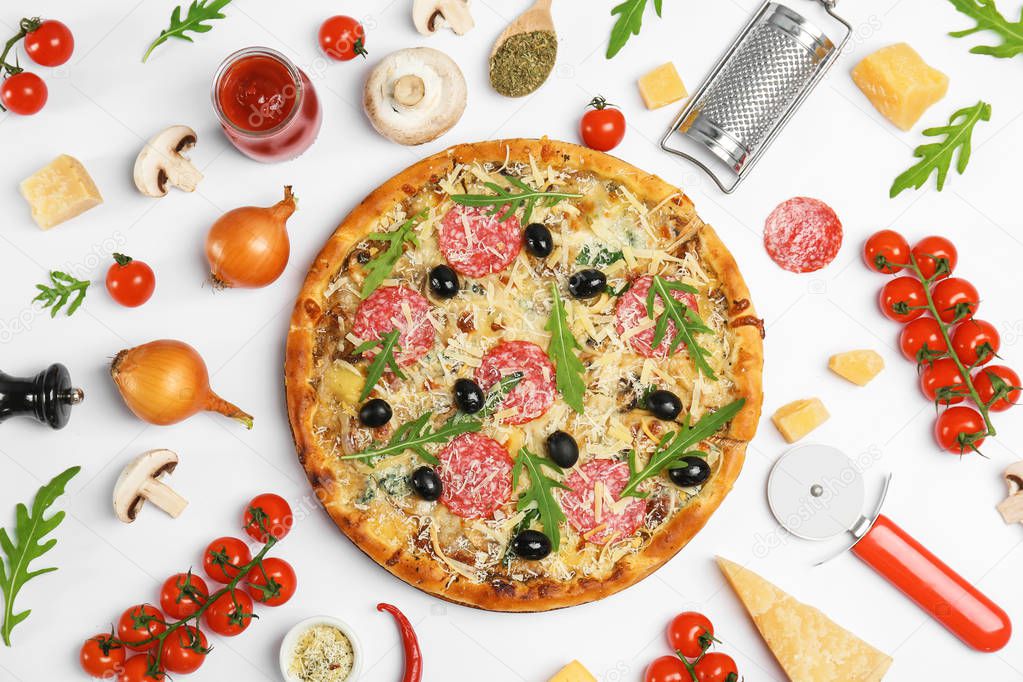 Composition with delicious pizza and ingredients on white background