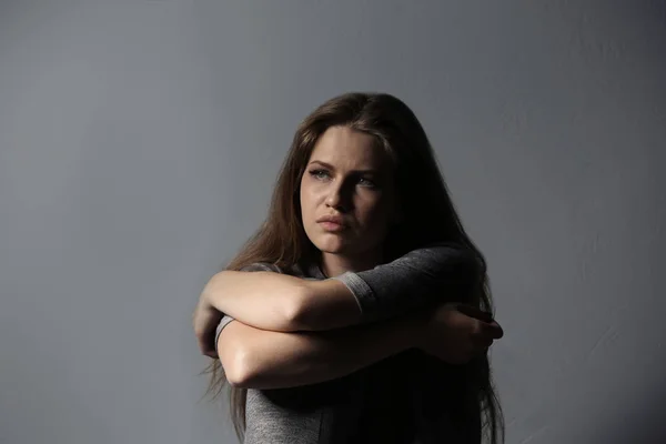 Depressed Young Woman Gray Background — Stock Photo, Image