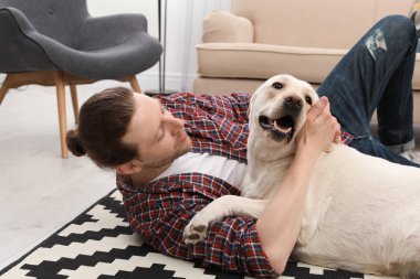 Ev sahibi ile Adorable sarı labrador geri almak