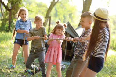 Küçük çocuklar açık havada ipi çekerek. Yaz Kampı