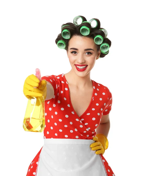 Funny Joven Ama Casa Con Rodillos Pelo Detergente Celebración Sobre —  Fotos de Stock