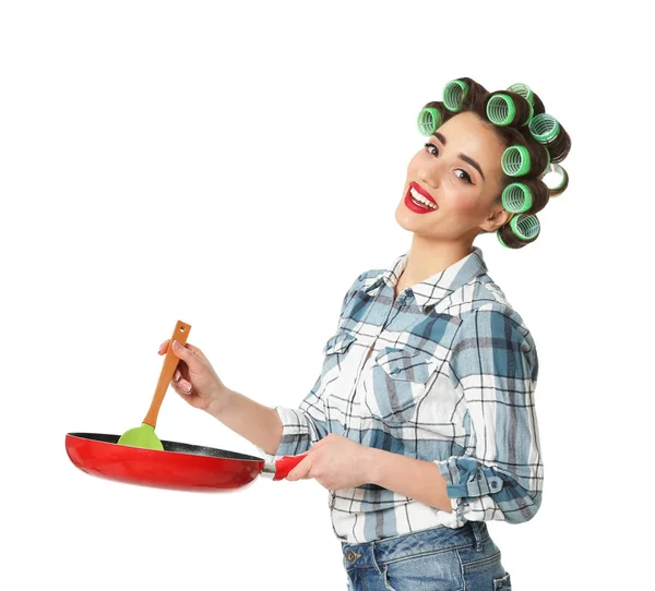 Funny Jeune Femme Foyer Avec Des Rouleaux Cheveux Tenant Cuillère — Photo