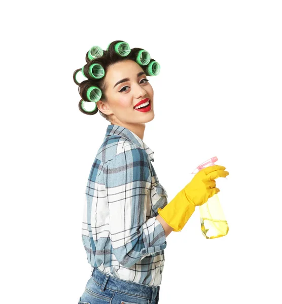 Engraçado Jovem Dona Casa Com Rolos Cabelo Segurando Detergente Fundo — Fotografia de Stock