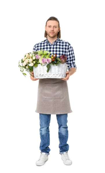 Floristería Masculina Con Flores Sobre Fondo Blanco — Foto de Stock