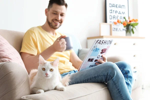 Hombre Joven Con Gato Lindo Sofá Casa — Foto de Stock