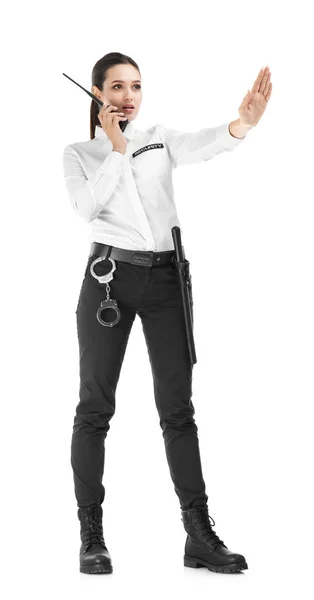 Sicherheitsfrau Mit Tragbarem Funksender Auf Weißem Hintergrund — Stockfoto