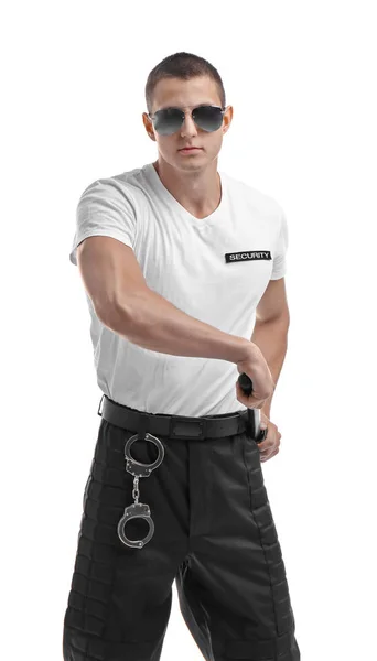 Guardia Seguridad Masculino Con Bastón Policía Sobre Fondo Blanco —  Fotos de Stock