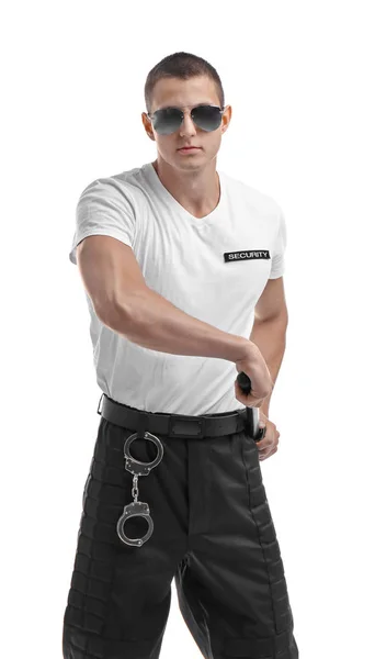 Male Security Guard Police Baton White Background — Stock Photo, Image