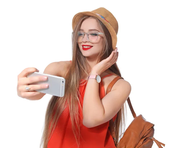 Jovem Atraente Tomando Selfie Fundo Branco — Fotografia de Stock