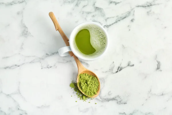 Composición Plana Con Matcha Sobre Fondo Mármol — Foto de Stock