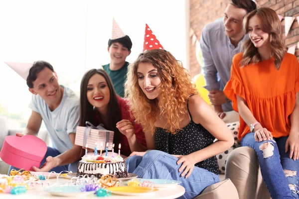 Young People Celebrating Birthday Tasty Cake Indoors — Stock Photo, Image