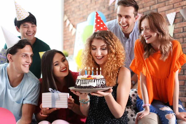 Young People Celebrating Birthday Tasty Cake Indoors — Stock Photo, Image