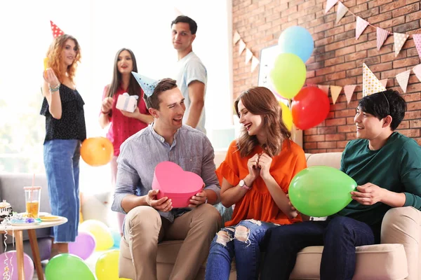 Young People Having Birthday Party Decorated Room — Stock Photo, Image