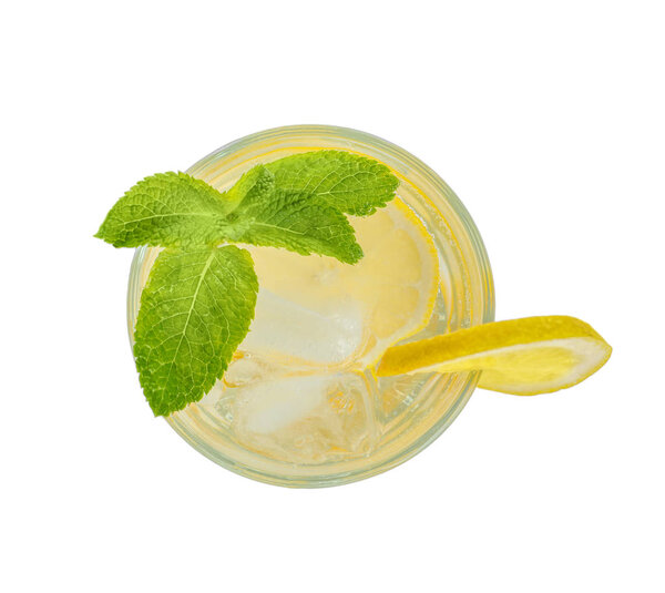 Glass of natural lemonade with mint on white background, top view