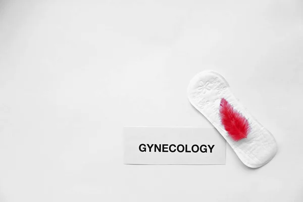 Flat Lay Composition Menstrual Pad Red Feather Light Background Gynecological — Stock Photo, Image