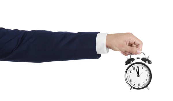 Young Businessman Holding Clock White Background Time Management — Stock Photo, Image