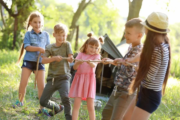 Küçük çocuklar açık havada ipi çekerek. Yaz Kampı