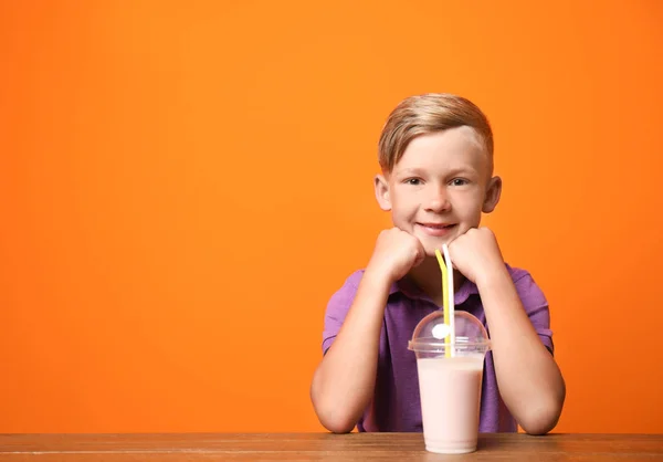 Little Boy Cup Milk Shake Table Color Background — Stock Photo, Image