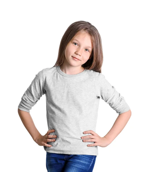 Κοριτσάκι Μακρύ Μανίκι Shirt Άσπρο Φόντο Κοροϊδεύω Για Σχεδίαση — Φωτογραφία Αρχείου