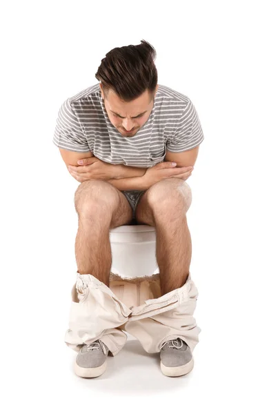 Young Man Suffering Diarrhea Toilet Bowl Isolated White — Stock Photo, Image