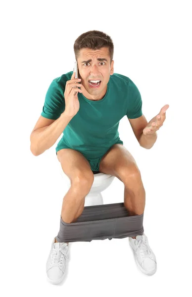 Young Man Mobile Phone Sitting Toilet Bowl Isolated White — Stock Photo, Image