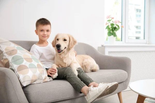 Criança Bonito Com Seu Animal Estimação Sofá Casa — Fotografia de Stock