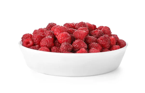 Plate Ripe Raspberries White Background — Stock Photo, Image