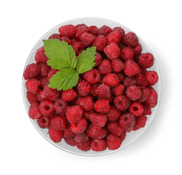 Plate Ripe Raspberries White Background Top View — Stock Photo, Image