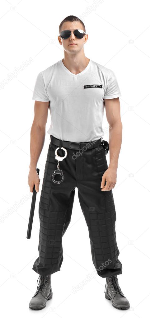 Male security guard with police baton on white background