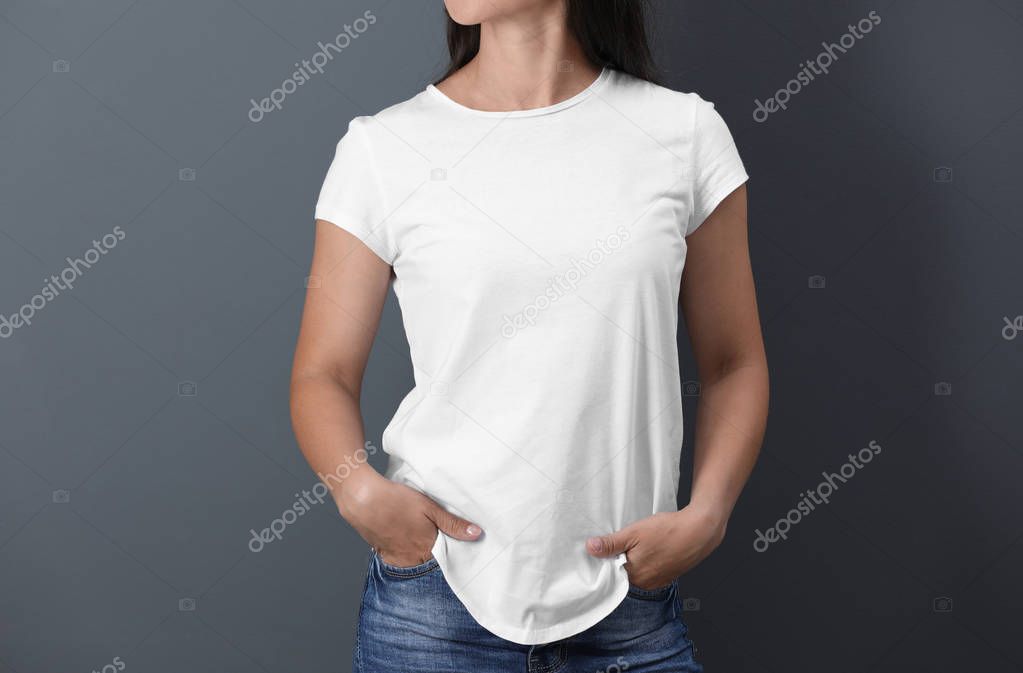 Young woman in white t-shirt on color background. Mockup for design