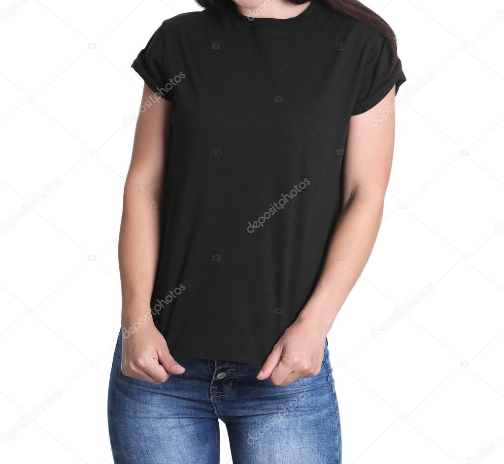 Young woman in black t-shirt on white background. Mockup for design