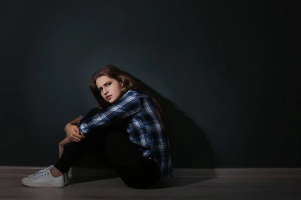 Depressed Young Woman Sitting Floor Darkness — Stock Photo, Image