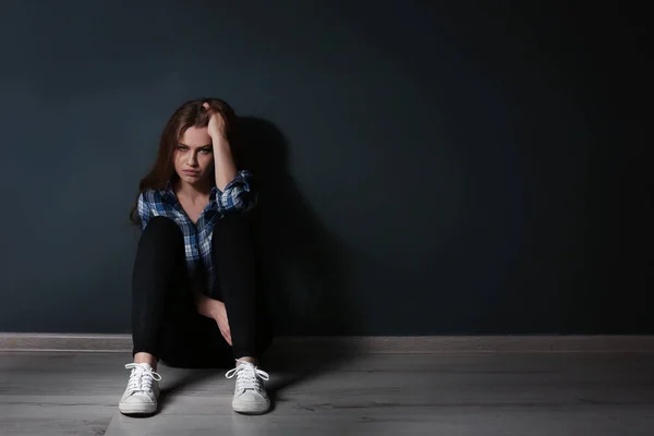 Depressed Young Woman Sitting Floor Darkness — Stock Photo, Image