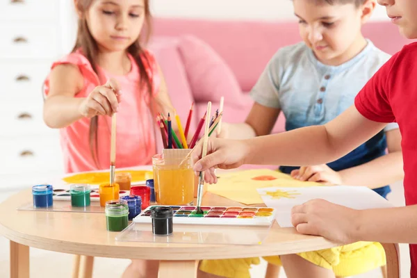 Cute Little Children Painting Table Playing Room — Stock Photo, Image