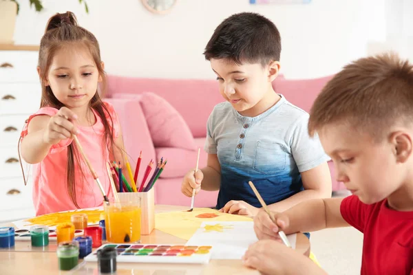 Cute Little Children Painting Table Playing Room — Stock Photo, Image