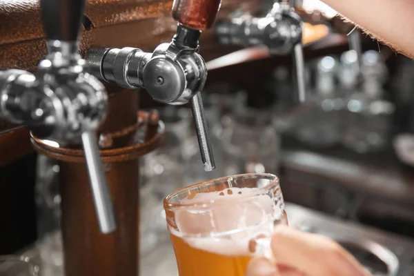 Bartender Pouring Beer Tap Glass Bar Closeup — Stock Photo, Image
