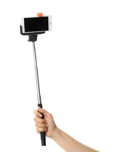 Mulher Segurando Vara Selfie Com Telefone Celular Fundo Branco — Fotografia de Stock