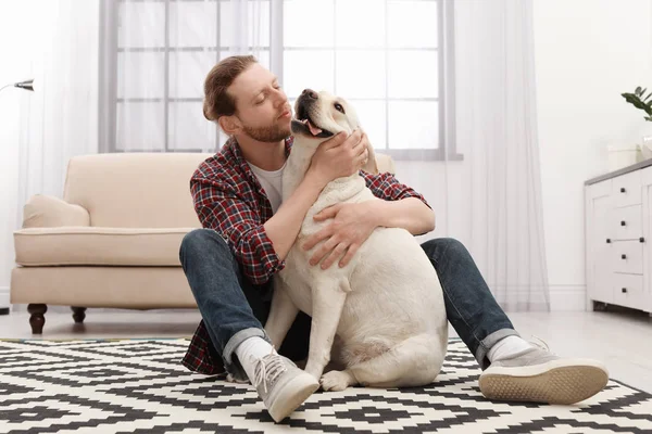 Roztomilý Žlutý Labrador Rešeršér Majitelem Doma — Stock fotografie