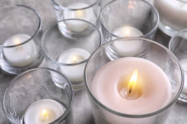 Beautiful Burning Wax Candles Glasses Table — Stock Photo, Image
