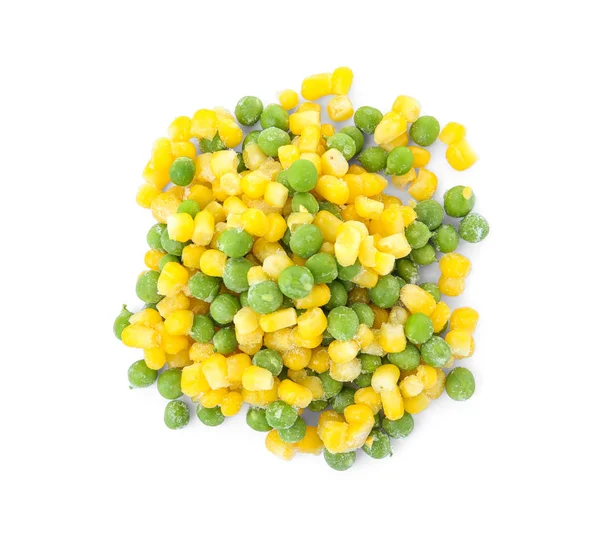 冷冻玉米和豌豆在白色背景 蔬菜保鲜 — 图库照片